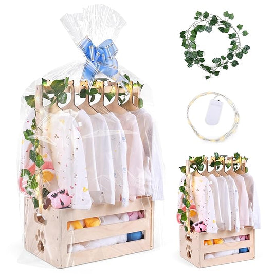 Wooden Baby Shower Crate Closet, Baby Basket with Handle Baby Storage Crate Hamper, Baby Welcome Gifts with 6 Pieces Teddy Bear Wooden Hangers, Baby Personailzed Basket for Pregnancy New Parent