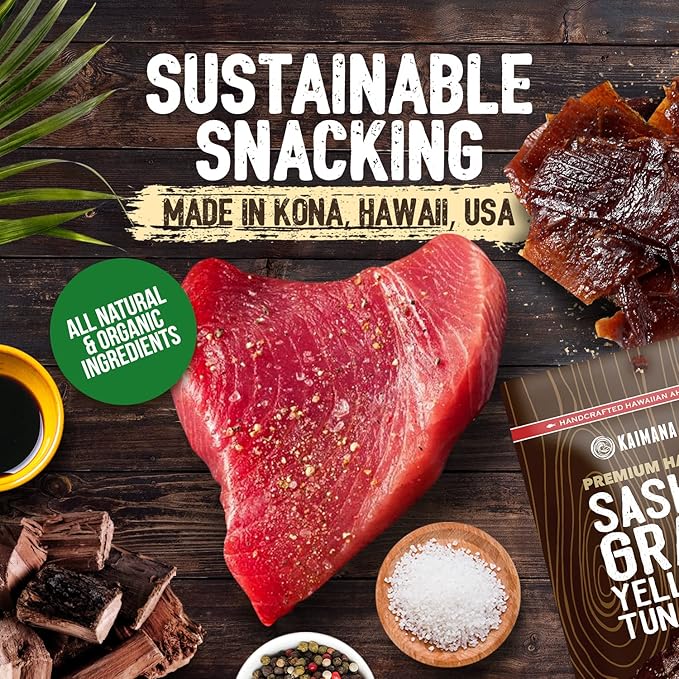 Kaimana Ahi Tuna Jerky Kiawe Smoked Sea Salt 2 Ounce - Soft and Tasty - Premium Fish Jerky Made in the USA. High in Omega 3's, All Natural and Wild Caught