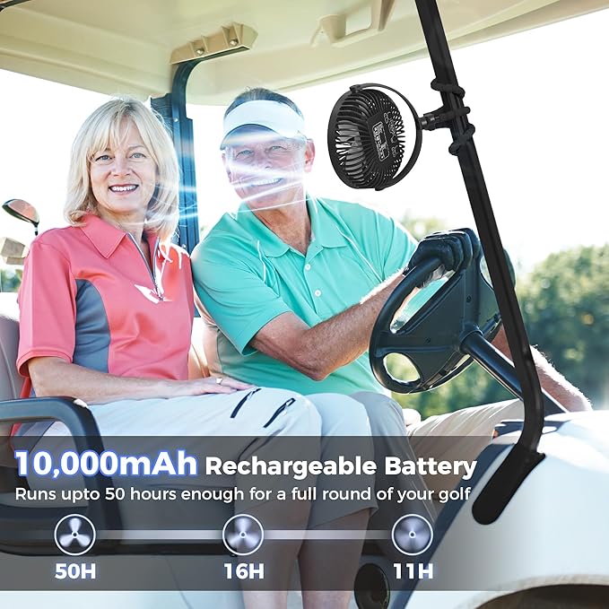 10000mAh Rechargeable Golf Cart Fan, 50H Run, Compatible with EZGO Club Car Yamaha, 7 inch Clip On Fan with Sturdy Tripod, 360° Pivot, 3 Speed & Timer, Cooling for Golf Cart Golf Palyer Essential