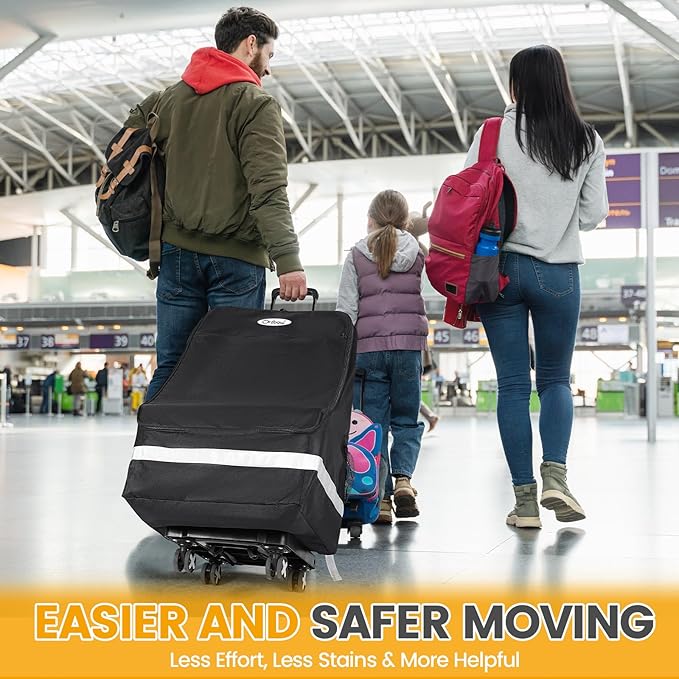 Orzbow Car Seat Carrier for Airport, Folding Car Seat Travel Bag & Cart with 4 Wheels and High Load-Bearing, Padded Gate Check Bag Fits Most Infant Car Seats & Carriers, Easy to Use, Black