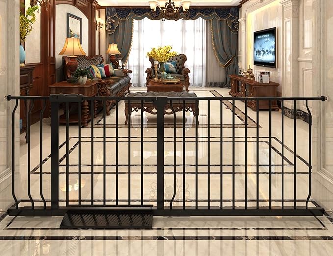 Extra Wide Baby Gate Tension Indoor Safety Gates Black Metal Large Pressure Mounted Pet Gate Walk Through Long Safety Dog Gate for The House Doorways Stairs (62.2"-66.93"/158-170CM, Black)