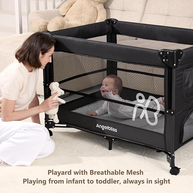 ANGELBLISS Baby Bassinet Bedside Crib, Pack and Play with Mattress, Diaper Changer, One-Push Setup Playards from Infants to Toddlers (Balck)