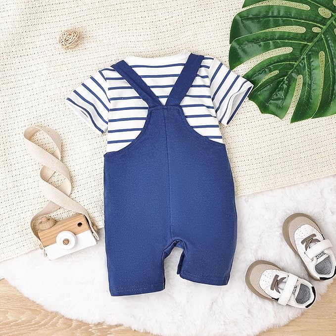 Baby Boy Clothes Newborn Outfits Stripe Romper Infant Cartoon Overall Adjustable Suspender Pants Set 0-18 Months
