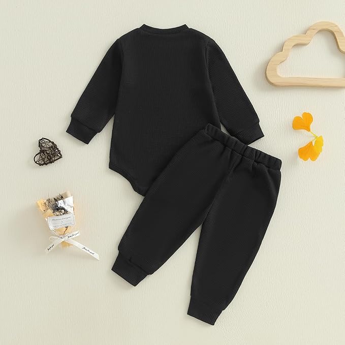 Kupretty Baby Boy Clothes 3 6 12 18 Months Fall Winter Outfit Mama's Boy Embroidery Waffle Long Sleeve Romper Pants Set