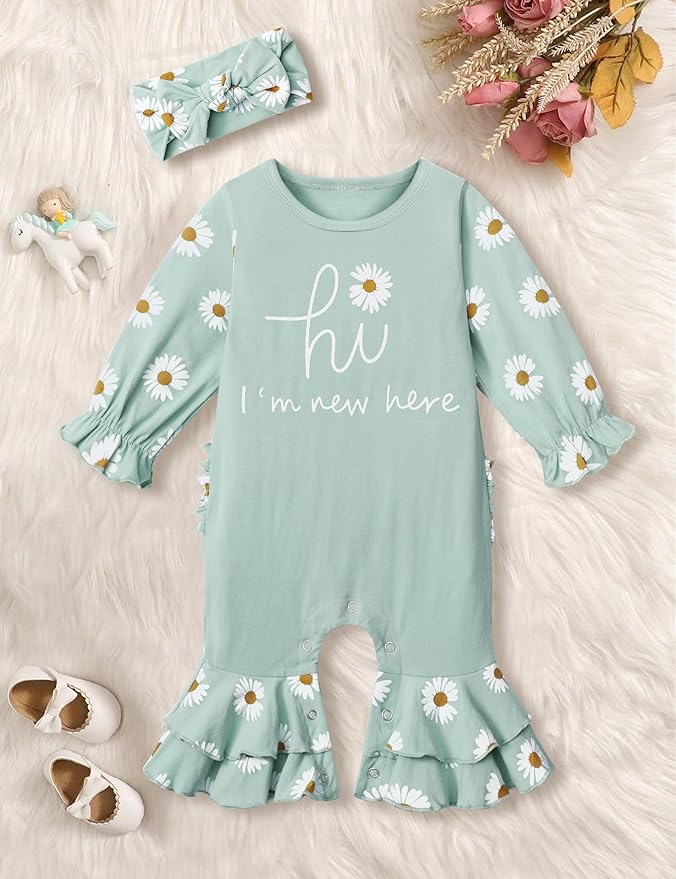 AGAPENG Newborn Girl Clothes Ruffle Letter Print Romper Infant Bell Bottom Jumpsuit Boho Baby Girl Clothes with Headband Hat