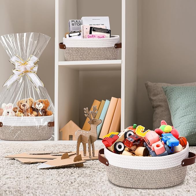 Colingmill 3 Pack Small Woven Basket for Gifts with Handles Clear Bags and Ribbons Empty Storage Basket Decorative Chest Box for Halloween Thanksgiving Day Birthday(White and Khaki,12"x 8"x 5")