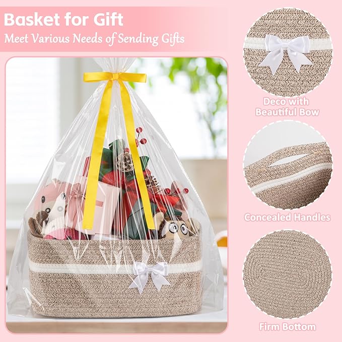 OIAHOMY Large Woven Storage Basket with Handles for Nursery Living Room Shelves, Bow Basket for Gifts Empty with Gift Bags and Ribbons for Baby Showers Pet Toy Bin - Brown & White