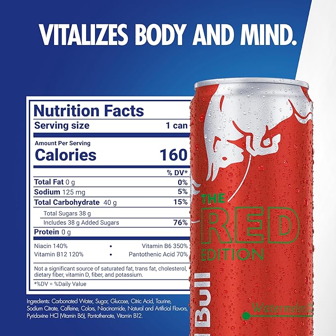 Red Bull Red Edition Energy Drink, Watermelon, with 114mg Caffeine plus Taurine & B Vitamins, 12 Fl Oz, Pack of 24 Cans