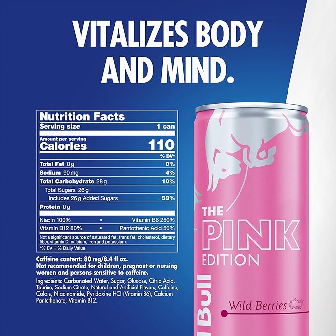Red Bull Pink Edition Energy Drink, Wild Berries, 8.4 fl. oz., 6 x 4 Cans, Pack of 24 Cans, with 80mg Caffeine, Taurine & B Vitamins