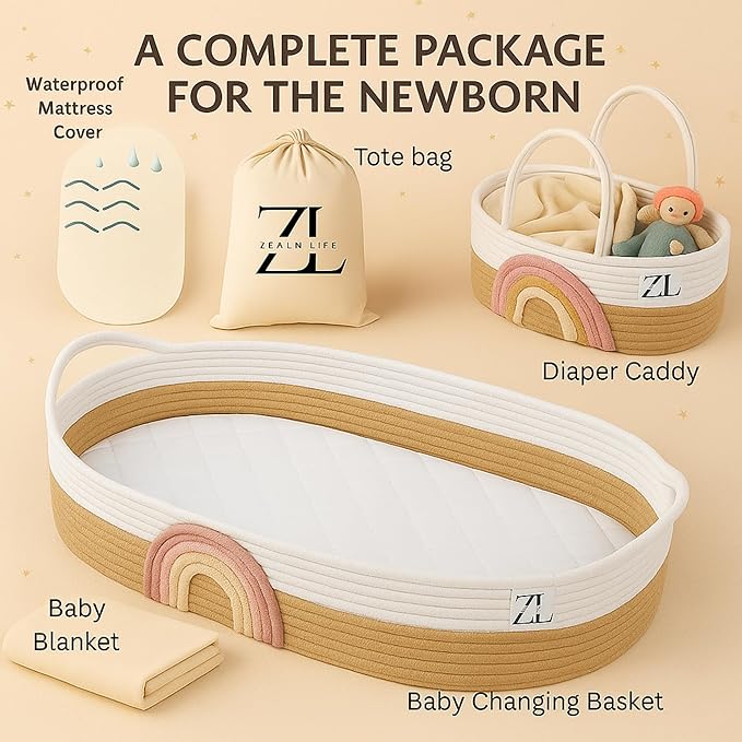 ZEAL'N LIFE Luxury Baby Changing Basket Set – All-in-One Nursery Gift Bundle with Diaper Organizer, Cozy Blanket, Waterproof Pad & Tote Bag – Moses Basket for Newborns, Perfect Baby Nursey Gift