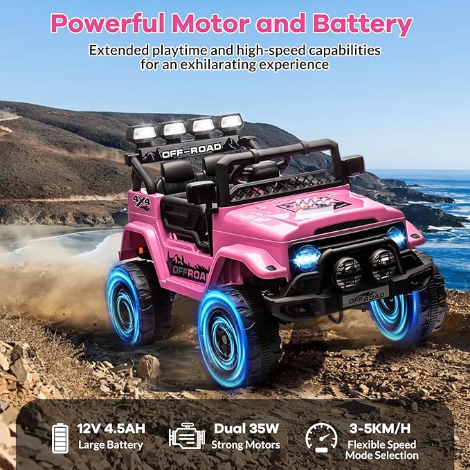 GarveeLife 12V Kids Ride On Car, Ride On Toy for Kids Ages 37-96 Months, Electric Truck with 5MPH Max Speed, Remote Control, Steering Wheel, Accelerator Pedal, Treaded Tires, Music and Story, Pink