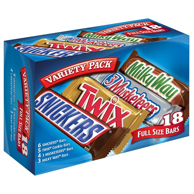 SNICKERS, TWIX, MILKY WAY & 3 MUSKETEERS Individually Wrapped Variety Pack Full Size Milk Chocolate Halloween Candy Bars Assortment, 33.31 oz, 18 Bars Bulk Candy Box
