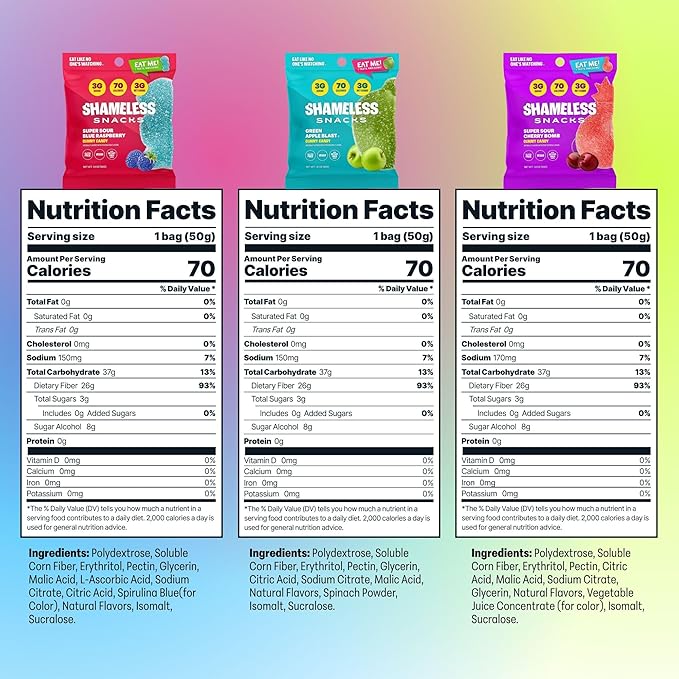 Shameless Snacks Sour Flavors Bundle Healthy Low Carb Keto Gummies Cherry Bomb, Blue Raspberry and Green Apple