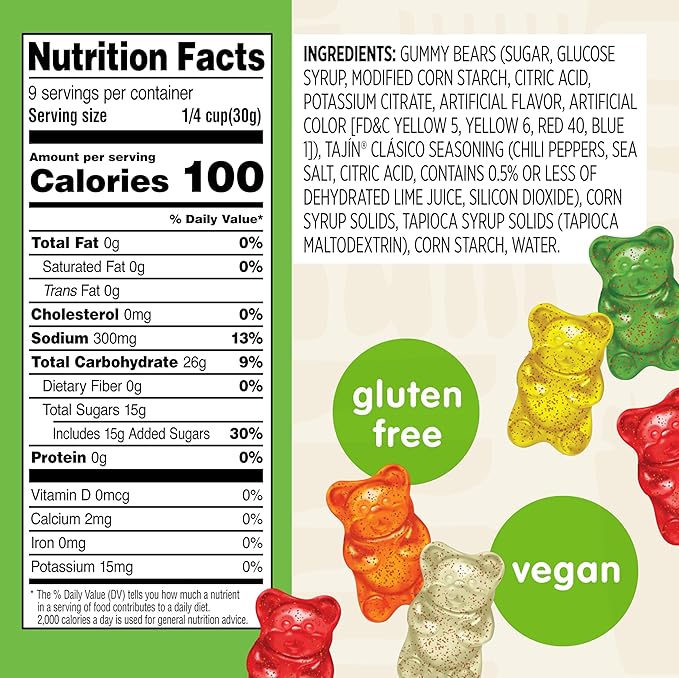 Snak Club Tajin Gummy Bears, Assorted Fruit Candy Gummies with Chili and Lime Seasoning, Mild, Gluten-Free and Vegan Snacks, 9 oz Resealable Bag