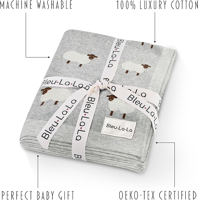 Knit Baby Swaddle Blanket - 100% Cotton Soft Cozy Lightweight Unisex Receiving Swaddling Stroller Quilt Blanket for Shower Gift Registry for Newborns Infants & Toddlers (Sheep - Grey)