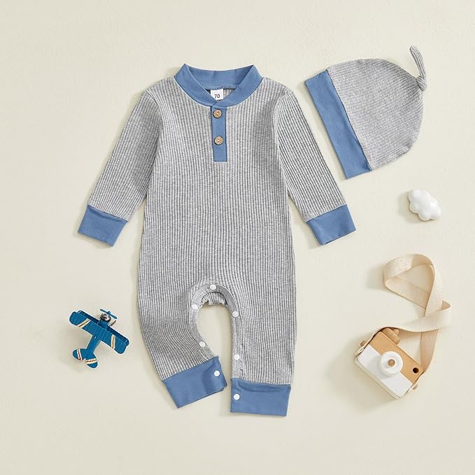 fhutpw Newborn Baby Boy Clothes Ribbed Knit Bodysuit 3 6 Months Infant Fall Long Sleeve Splicing Color Romper Jumpsuit & Hat