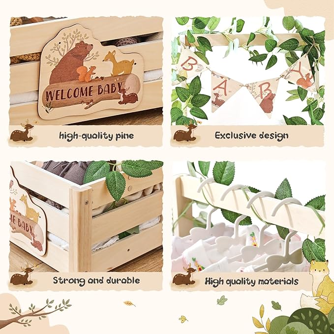 Wooden Baby Shower Crate Closet - Forest Animals Themed Personalized Crate with Hangers & Decorative Accents, Easy Assembly Natural Wood Gift Basket Ideal for Baby Shower & Nursery Storage