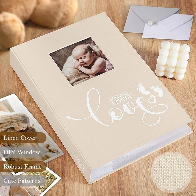 Lanpn Baby Photo Album 4x6 300 Pockets, Linen Hardcover Newborn Memory Book with Memo Writing Area, Bebe Photobook, Slip-in Picture Book, Ultrasound Album Keepsake Gifts for Girl Baby Shower Beige