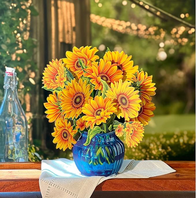 Freshcut Paper Pop Up Cards, Sunflowers, 12 Inch Life Sized Forever Flower Bouquet 3D Popup Greeting Card, Birthday Cards, Get Well Gifts, Blank Notecard & Envelope