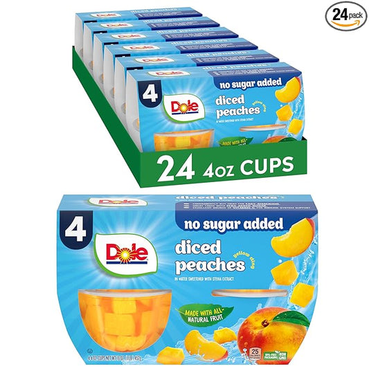 Dole Fruit Bowls No Sugar Added Snacks, Diced Peaches 4oz 24 Cups, Gluten & Dairy Free, Bulk Lunch Snacks for Kids & Adults
