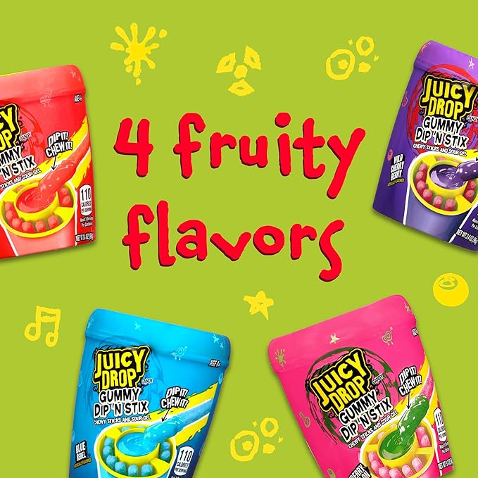 Juicy Drop Gummy Dip 'N Stix Assorted Candy Variety Pack, Sweet Gummy Sticks W/ Sour Dipping Gel, 8 Pack, Assorted For Kids Parties and Party Favors, Sour Candy Variety for Kids