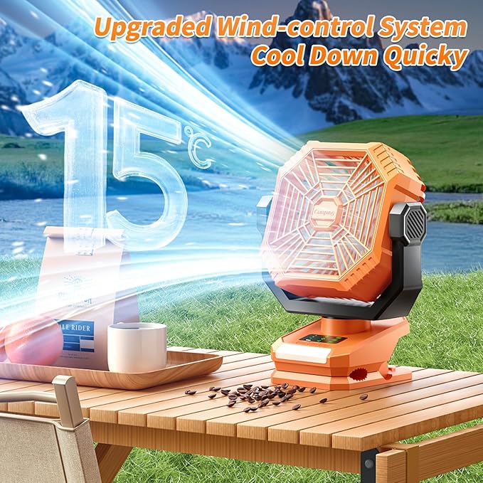 Portable Camping Fan with LED Lantern, 360°Rotation and Clip on for Desk, 8000mAh USB Rechargeable Battery Powered, Digital Display and Hanging Hook for Tent RV Outdoor Travel Barbecue Bedroom