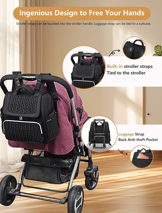 Diaper Bag Backpack, Baby Bag with Changing Pad, Travel Waterproof Diaper Bag Tote, Newborn Essentials Must Haves, Luxury baby shower gifts for boys & Girls, Black