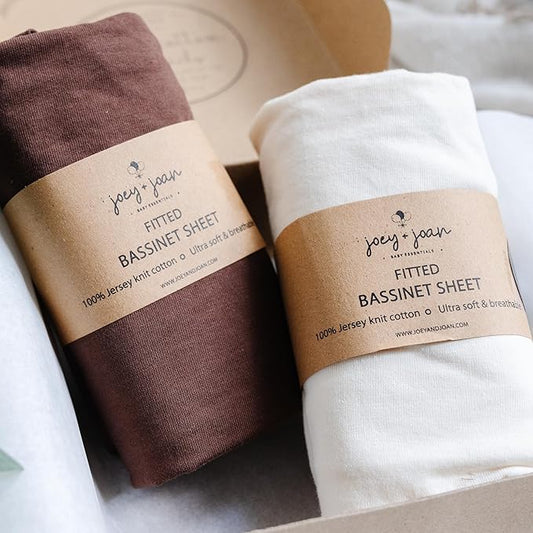 Bassinet Fitted Sheets Compatible with Ingenuity Foldaway Rocking, Lullanight Soothing, Dream on Me Poppy Traveler Bassinet – Snuggly Soft 100% Jersey Cotton – Cream + Brown – 2 Pack