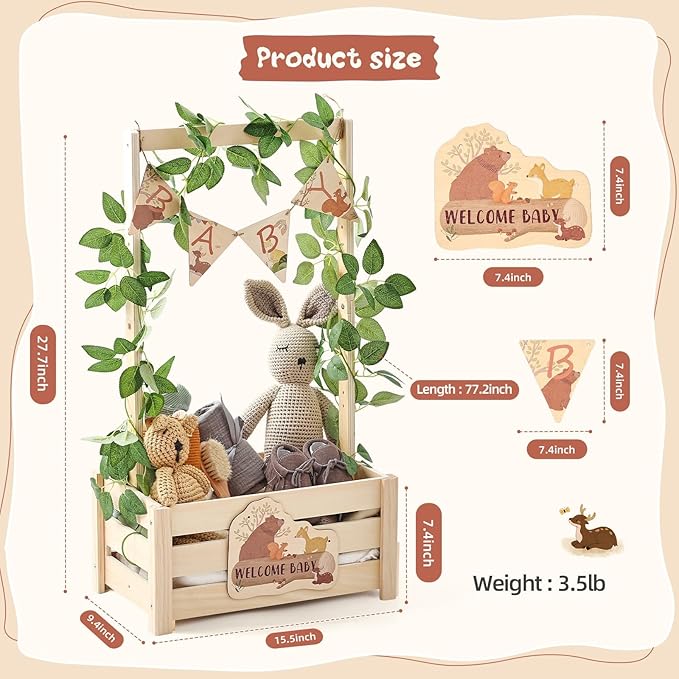 Wooden Baby Shower Crate Closet - Forest Animals Themed Personalized Crate with Hangers & Decorative Accents, Easy Assembly Natural Wood Gift Basket Ideal for Baby Shower & Nursery Storage