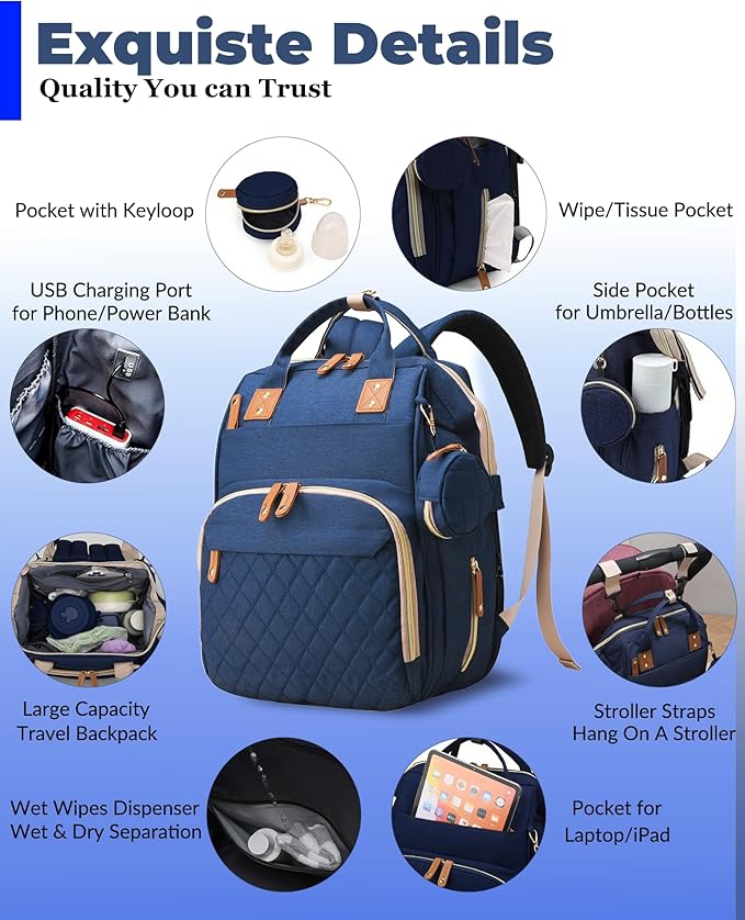 Diaper Bag with Changing Station, Waterproof 3 in 1 Baby Diaper Backpack with Foldable Changing Pad, Large Travel Back Pack for Baby Girl Boy, Baby essentials, Blue