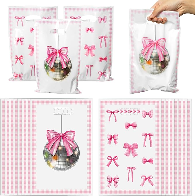 Pink Bow Party Favor Bags - 50Pcs Coquette Bow Themed Goody Candy Treat Gifts Bags, Trendy Preppy Pink Theme Party Decorations for Kids Girls Women Birthday Wedding Bridal Shower Bachelorette Supplies