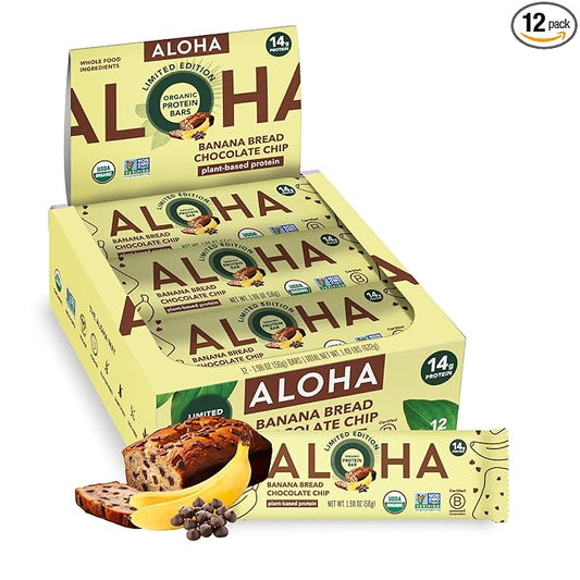 ALOHA Organic Plant Based Protein Bars - Banana Bread Chocolate Chip - 12 Count, 1.9oz Bars - Vegan Snacks, Low Sugar, Gluten-Free, Low Carb, Paleo, Non-GMO, Stevia-Free, No Sugar Alcohols