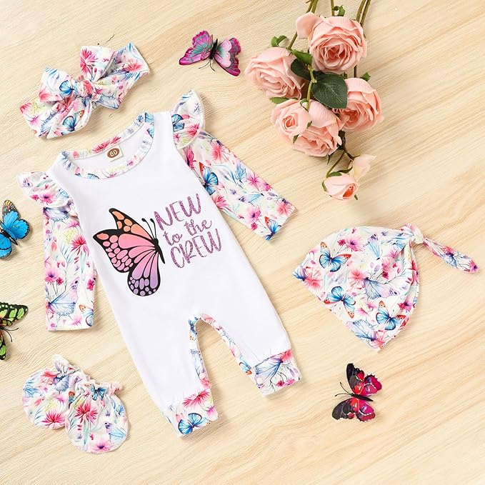 GRNSHTS Newborn Baby Girl Romper Infant Letter Print Jumpsuit Floral Bodysuit+Hat+Headband+Gloves Coming Home Clothes Outfits