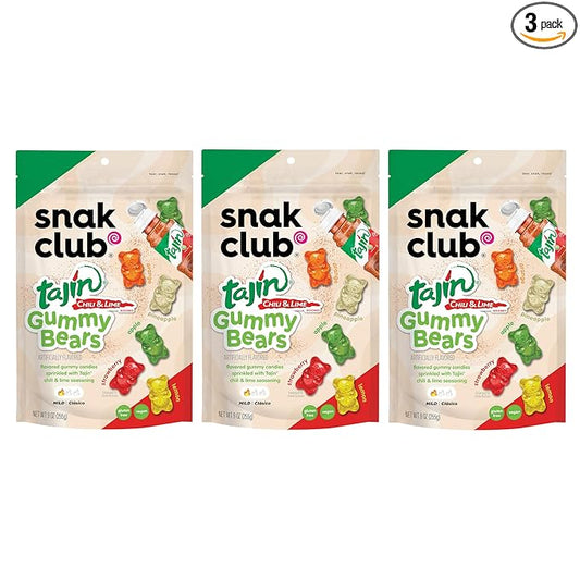 Snak Club Tajin Gummy Bears, Assorted Fruit Candy Gummies with Chili and Lime Seasoning, Mild Spice, Gluten-Free and Vegan Snacks, 9 oz Resealable Bags, 3 Pack