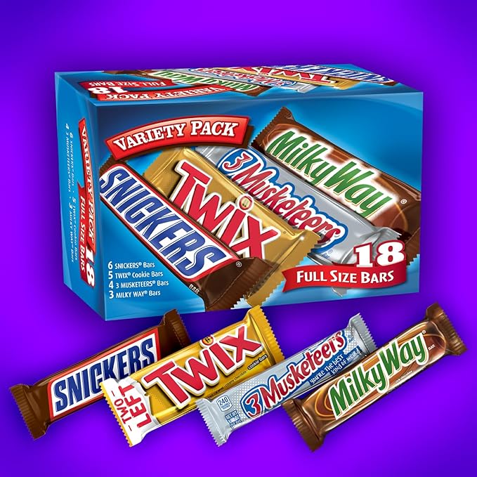SNICKERS, TWIX, MILKY WAY & 3 MUSKETEERS Individually Wrapped Variety Pack Full Size Milk Chocolate Halloween Candy Bars Assortment, 33.31 oz, 18 Bars Bulk Candy Box