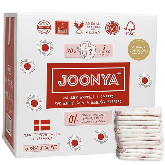 Joonya Baby Diapers, Size 2 S (7-13 lb) - 6 Bags of 30 (180) - New Range - NonToxic, Eco-Friendly, Ultra Slim, Overnight Use - Made in Denmark