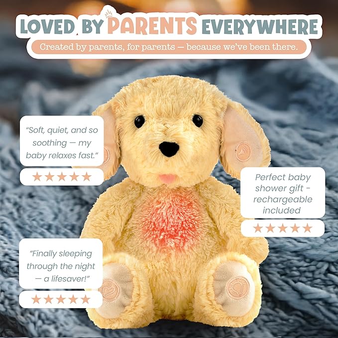 Gemma Joy Baby Sleep Soother Puppy for Baby – Cry Activated Heartbeat Stuffed Animal – Rechargeable Crib Soother with White Noise, Shush, Lullabies & Night Light – Newborn Essentials Must Haves