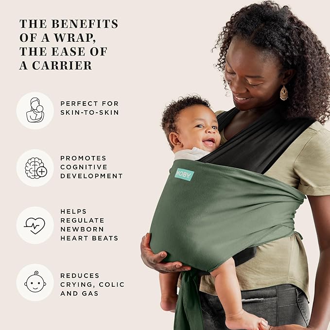 Moby Baby Wrap Carrier Easy-Wrap for Newborns to Toddlers (8-33lbs), Infant Sling Carrier, Lightweight & Hands Free Design for Mom and Dad, Adjustable for All Body Types (Olive/Onyx)