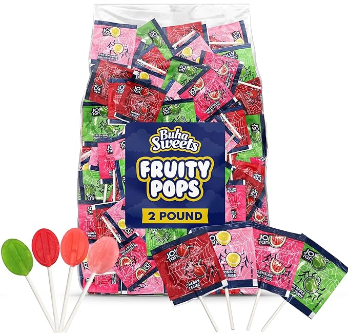 Bulk Flat Lollipops Candy Variety Pack - 2 Pound Approx. 120 Suckers - Assorted Flavors Cherry, Watermelon, Green Apple & Pink Lemonade - Individually Wrapped Lollipop for Parties, Candy Buffets & Treat Bags
