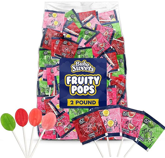 Bulk Flat Lollipops Candy Variety Pack - 2 Pound Approx. 120 Suckers - Assorted Flavors Cherry, Watermelon, Green Apple & Pink Lemonade - Individually Wrapped Lollipop for Parties, Candy Buffets & Treat Bags