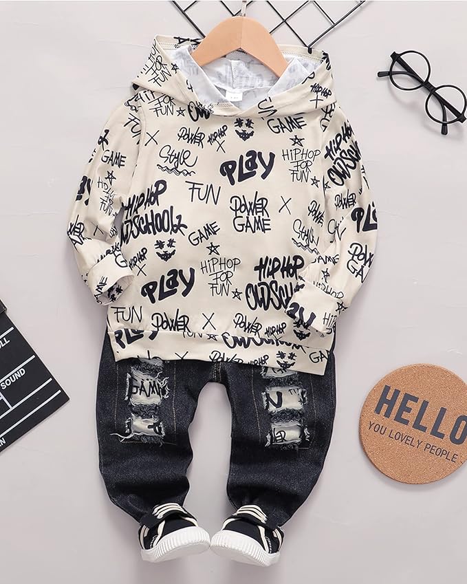 NZRVAWS Baby Boy Clothes Toddler Boy Outfit 2 3 4T 6 12 18 24 Month Fall Winter Hoodie Ripped Jeans Clothing