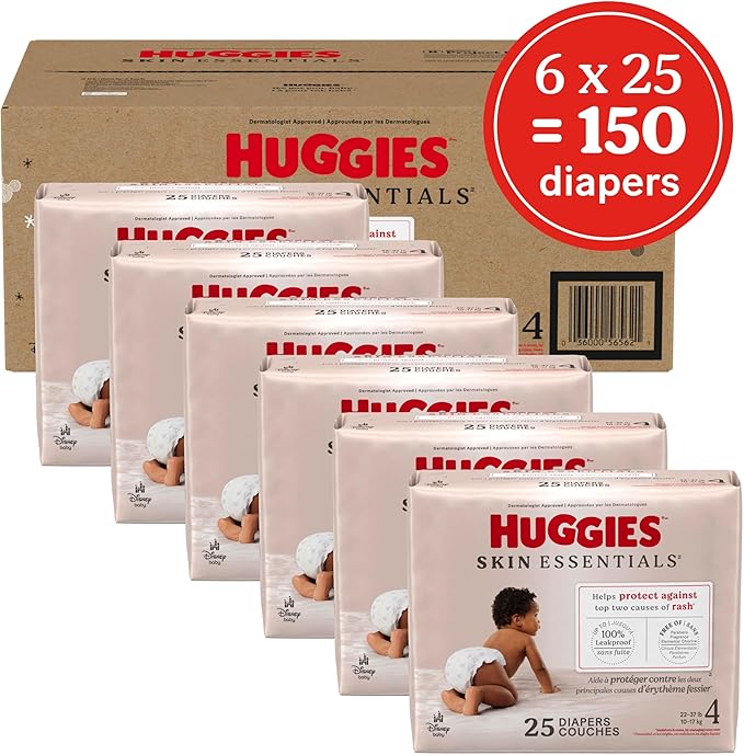 Huggies Size 4 Diapers, Skin Essentials Baby Diapers, Size 4 (22-37 lbs), 150 Count (6 Packs of 25), Packaging May Vary