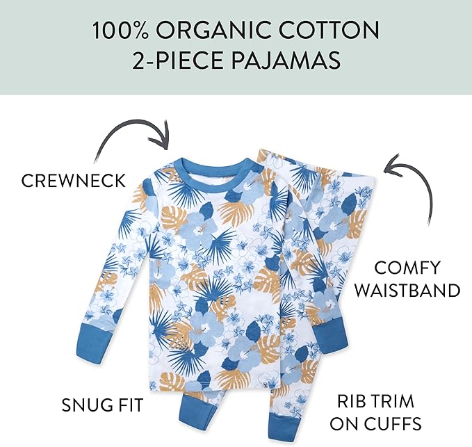 HonestBaby 2-Piece Pajamas Sleepwear Pjs 100% Organic Cotton for Baby, Toddler, Kids, Boy