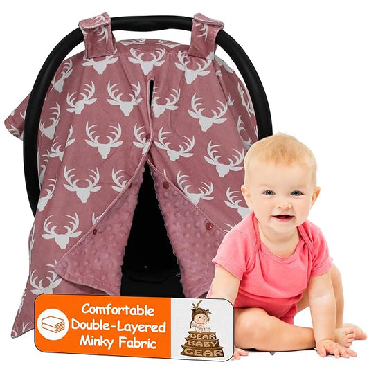 Dear Baby Gear - 40x30 Car Seat Canopy, Infant Carrier Cover for Boys & Girls, Cozy Fall Baby Shower Gift, Nursing & Stroller Use, Newborn Travel Sunshade Accessory, Antlers on Dusty Rose, Pink Dot