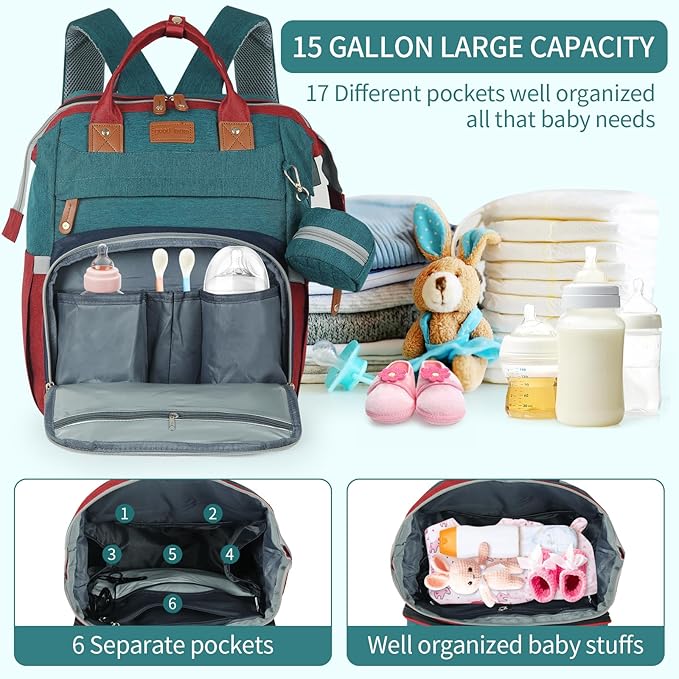 large diaper bag backpack，baby bag with changing station for Boys Girls，Multifunctional Diaper Bag，Mommy Bag With USB Charging Port（Blue-green-red）