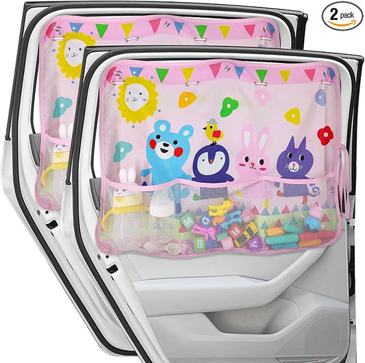 Car Sun Shade for Window Baby (2 Pack), Blackout Window Shades with Storage Net Pocket, 7 Suction Cups, Cute Patterns for Sun/Heat/UV Rays Block