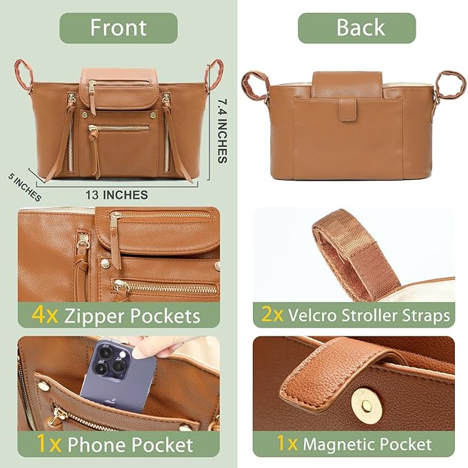 Miss Fong Stroller Organizer with Insulated Cup Holder - Stroller Accessory Bag, Caddy, Diaper Bag, Storage with Adjustable Strap (Brown)