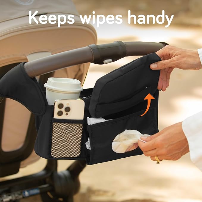 Baby Uma Universal Stroller Organizer Bag - Stroller Caddy Organizer with XL Insulated Cup Holder (x2), Phone Holder, Wipes Dispenser, Zip-Off Wrist Bag & Clip-On Shoulder Strap, Baby Travel Gear