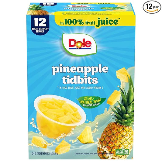 Dole Pineapple Tidbits in 100% Juice - Dole Fruit Bowls Snacks - 4 oz Fruit Bowls - 12 Pack