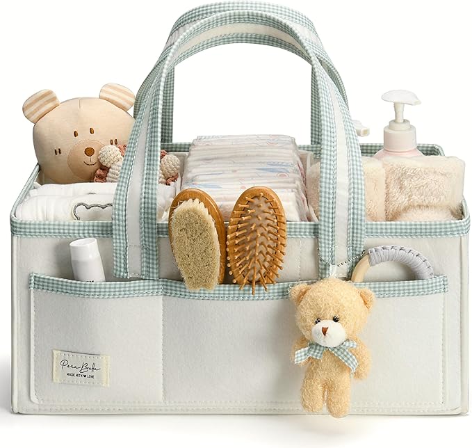 PeraBella XL Diaper Caddy Organizer With Handle, Baby Shower Gifts Basket Bag, Registry Search Must Haves Items, Newborn Girl Boy Nursery Storage Organizer, Baby Bag Essentials, Car Diaper Caddy Cart